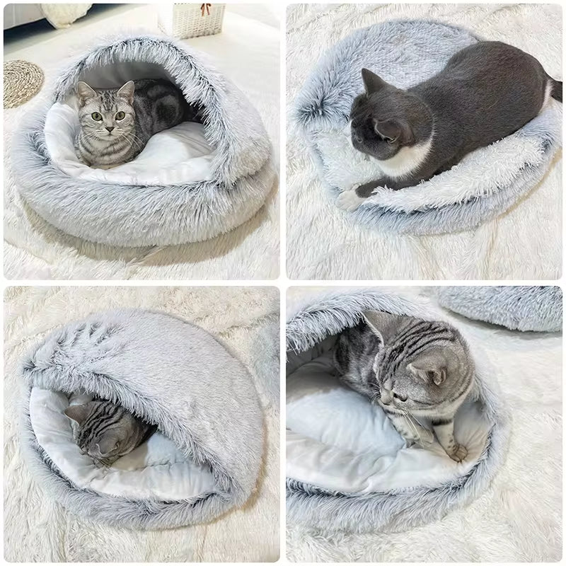 2-in-1 Plush Winter Cat Bed – Round Cushion & Sleep Bag for Cats & Small Dogs