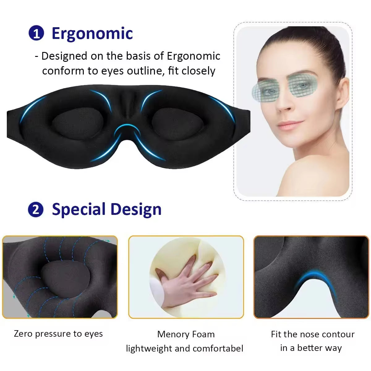 3D Contoured Sleep Mask – Light Blocking Eye Mask with Earplugs for Men & Women