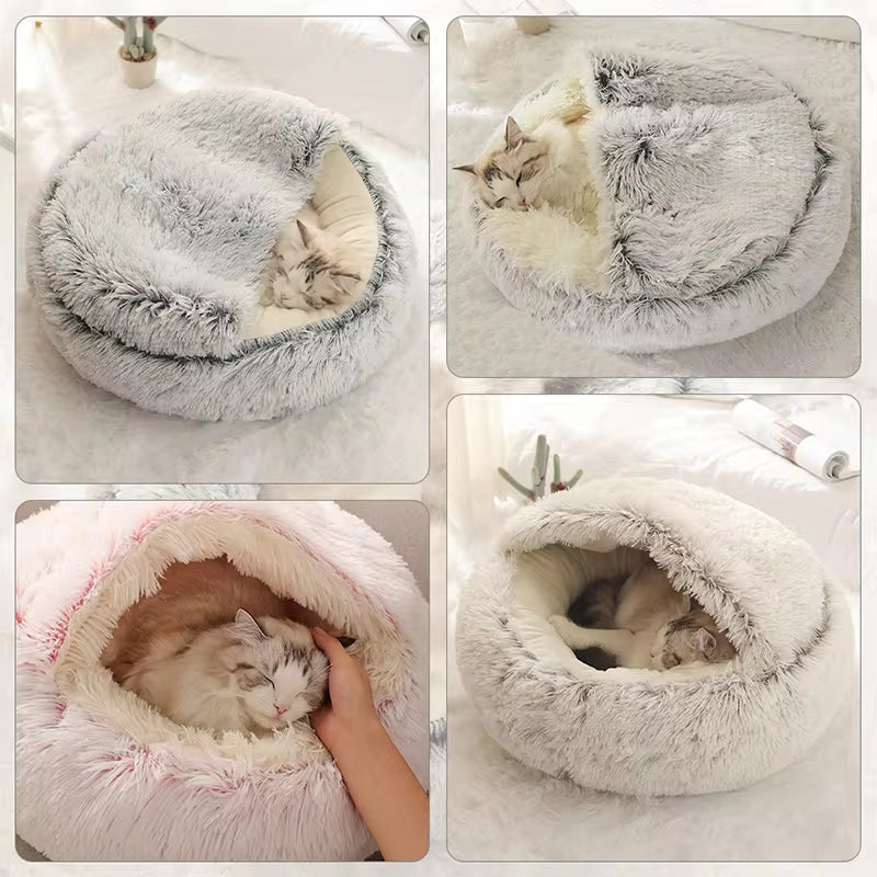 2-in-1 Plush Winter Cat Bed – Round Cushion & Sleep Bag for Cats & Small Dogs