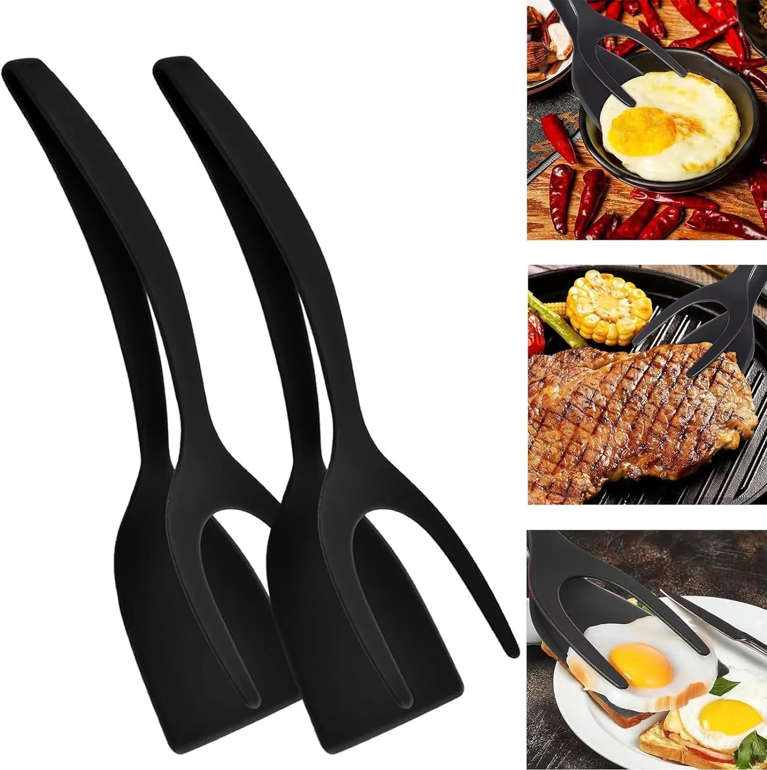 2-in-1 Nylon Grip Flip Tongs & Spatula – Versatile Kitchen Tool for Eggs, Steak, Pancakes & More