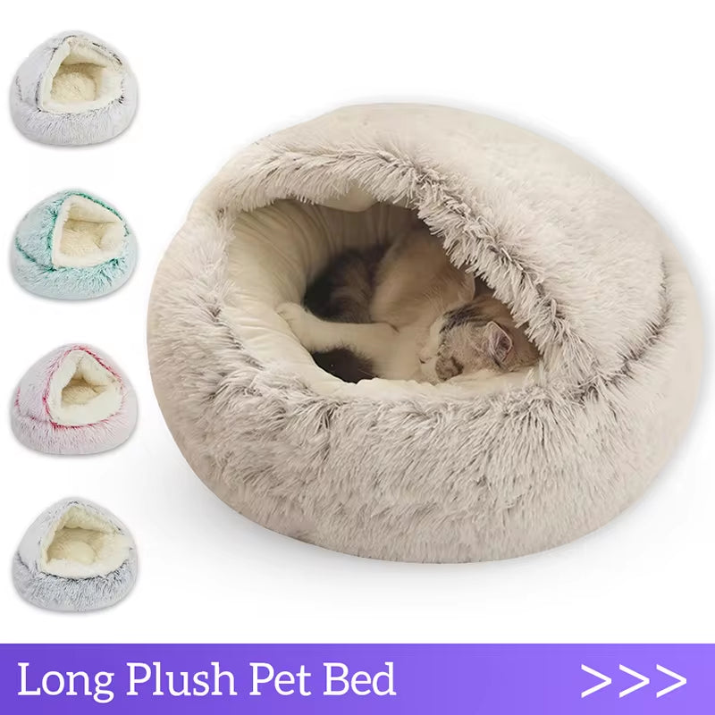 2-in-1 Plush Winter Cat Bed – Round Cushion & Sleep Bag for Cats & Small Dogs