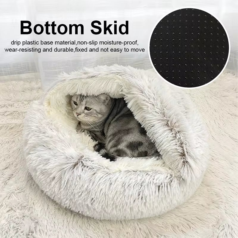 2-in-1 Plush Winter Cat Bed – Round Cushion & Sleep Bag for Cats & Small Dogs