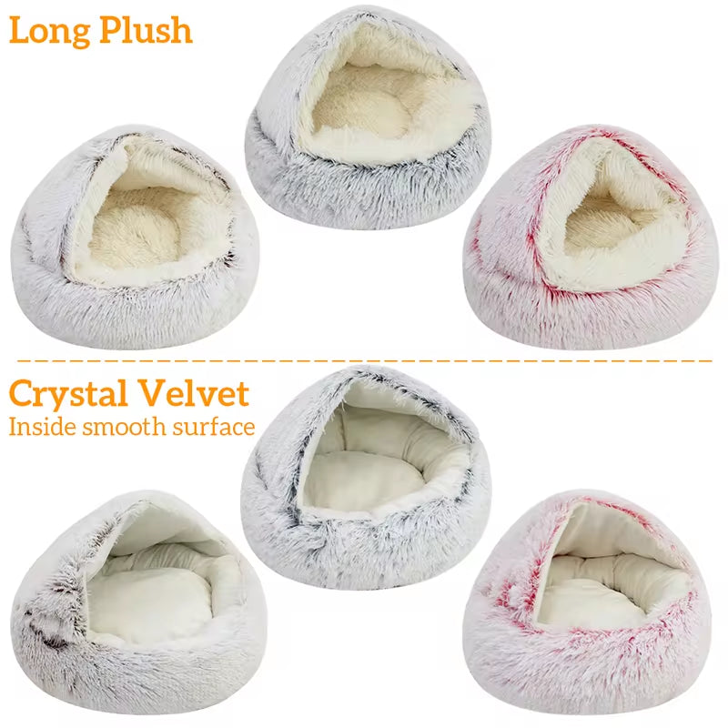 2-in-1 Plush Winter Cat Bed – Round Cushion & Sleep Bag for Cats & Small Dogs