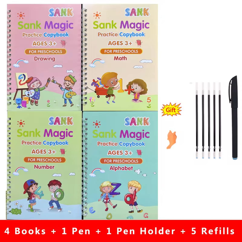 4-Piece Magic Practice Copybook Set – Reusable Calligraphy & Writing Book for Kids