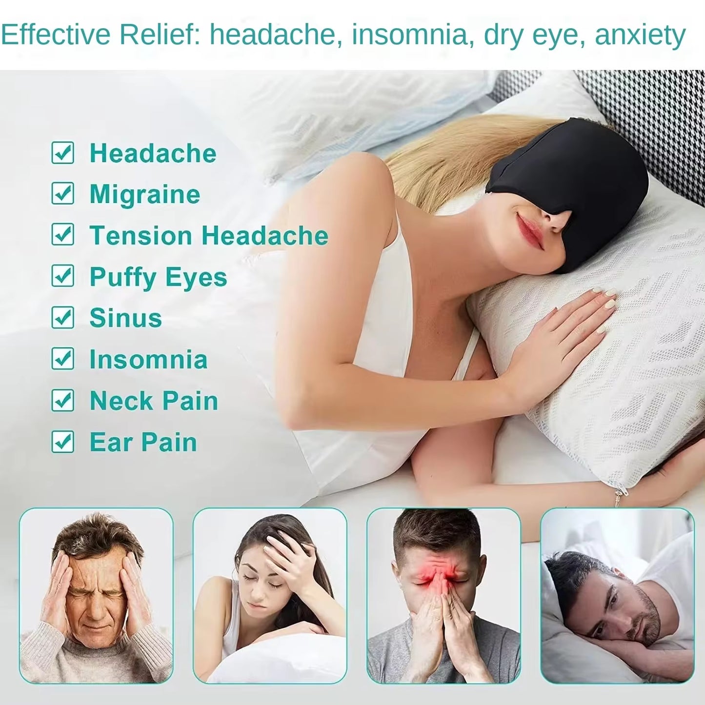 Migraine Relief Ice Mask– Hot & Cold Gel Therapy for Headache & Stress Relief