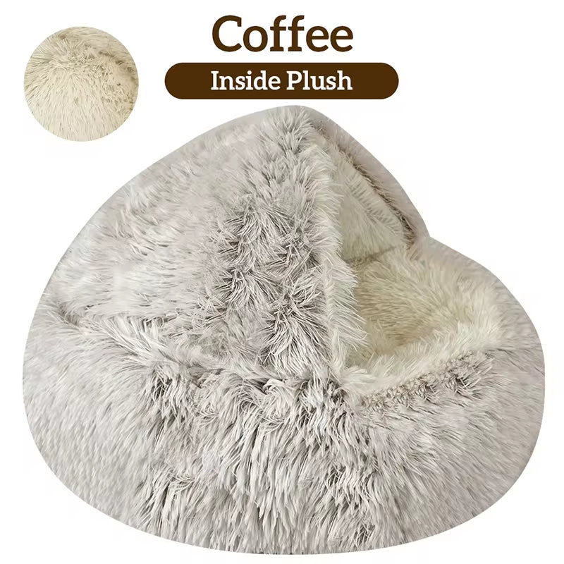 2-in-1 Plush Winter Cat Bed – Round Cushion & Sleep Bag for Cats & Small Dogs